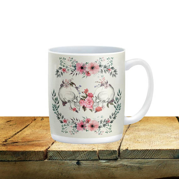 Sugar Skull Floral Mugs Forever Calavera 15 oz. Ceramic Coffee Cups