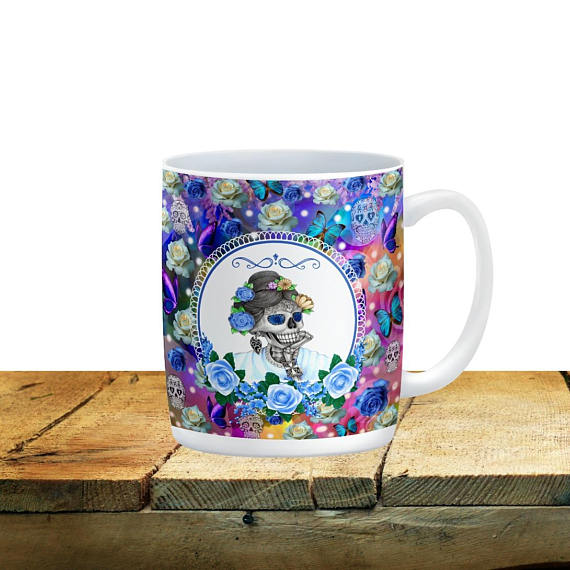 Miss Annie Blue Floral Sugar Skull Mug, 15 oz. Ceramic Coffee Cups