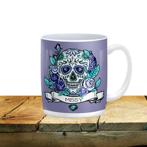 Personalized Purple Day of the Dead Sugar Skull Mug, 15 oz. Ceramic Coffee Cups