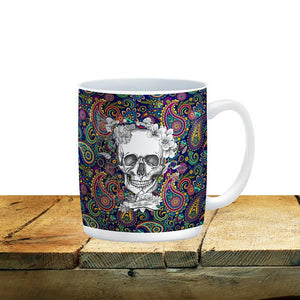 Paisley Bohemian Floral Calavera Skull Mug, 15 oz. Ceramic Coffee Cups