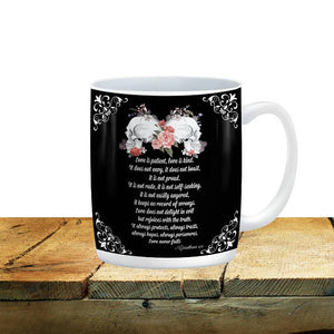 Love is Patient, Love is Kind Skull Mug, 15 oz. Ceramic Coffee Cups