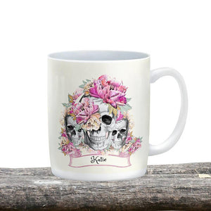 Personalized Pink Floral Three's Company Skull Mug, 15 oz. Ceramic Coffee Cups