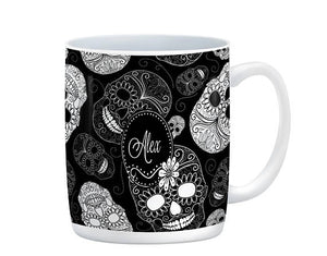 Personalized Black and White Sugar Skull Mug, 15 oz. Ceramic Coffee Cups