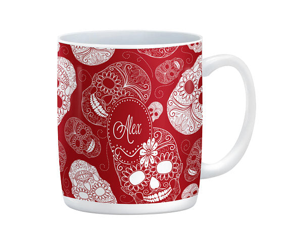 Personalized Red & White Sugar Skull Ceramic Coffee Cup | Folk N Funky