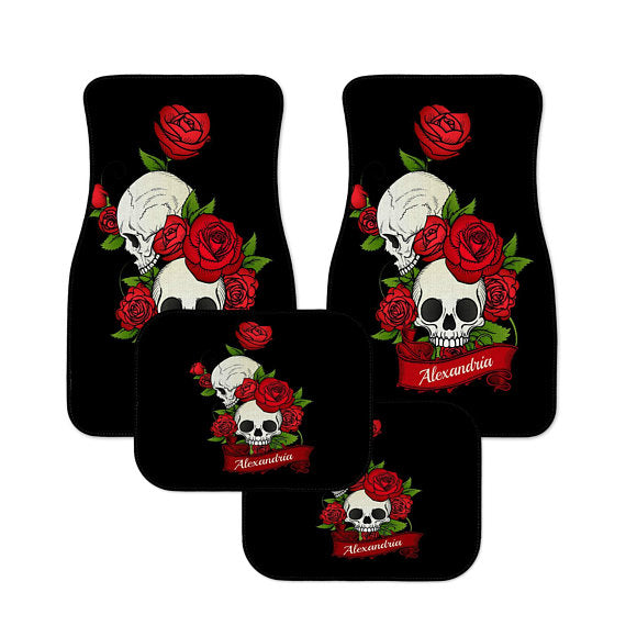 Personalized Monogram Black and Red Roses Calavera Skulls Car Floor Mats