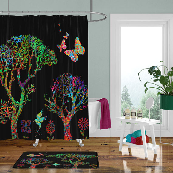 The Black Boho Funky Forest Shower Curtain