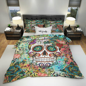 Teal, Orange and Blue Abstract Sugar Skull Bedding