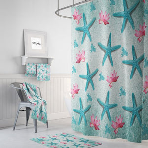Teal Starfish & Pink Lotus Shower Curtain w/ Bathmat & Towel Options