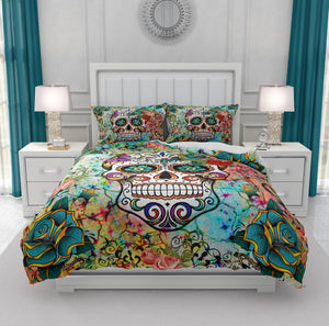 Teal, Orange and Blue Abstract Sugar Skull Bedding