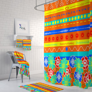 Orange Burst Shower Curtain and Bath Mat Towel Options