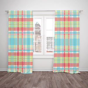 Plaid Window Curtains, Turquoise and Coral