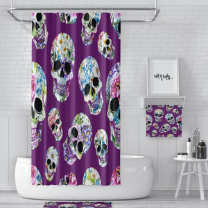 Purple Floral Sugar Skulls Day Of The Dead Shower Curtain, Bath Mat, Bath & Hand Towels 