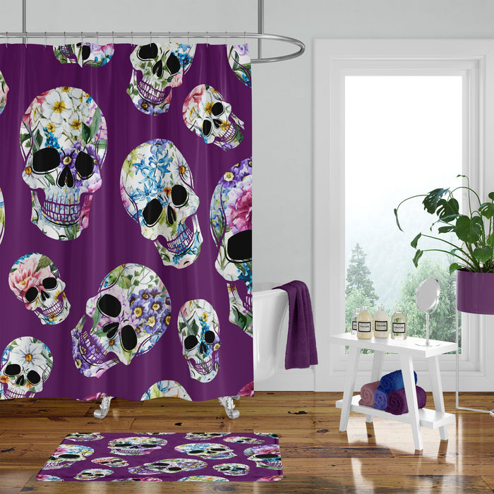 Purple Floral Sugar Skulls Day Of The Dead Shower Curtain