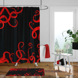 Folk N Funky Bathroom Decor | Red & Black Octopus, Nautical Themed Shower Curtain