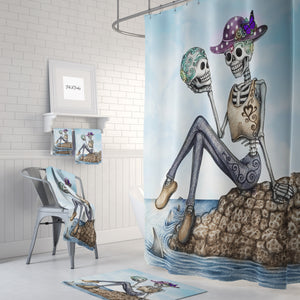 The Let's Talk It Over Forevermore Skeleton Shower Curtain by Folk N Funky