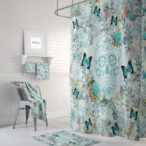 Turquoise Bloom Sugar Skull Shower Curtain, Bath Mat, Bath & Hand Towels