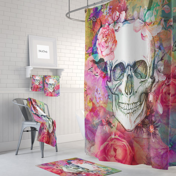 Pink Abstract Floral Rose Calavera Gothic Skull Shower Curtain