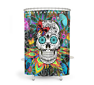 The Tropical Abstract Sugar Skull shower curtain by Folk N Funky