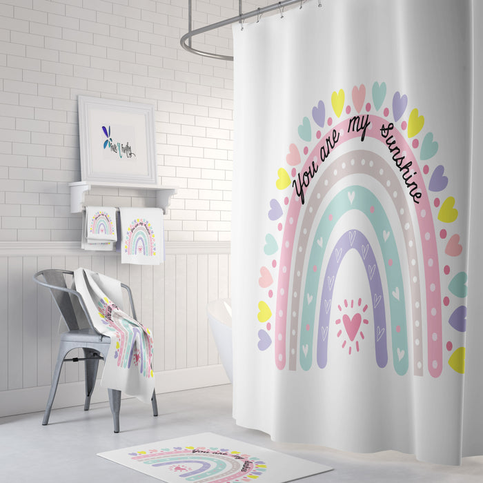 Rainbow and Hearts Shower Curtain Optional Bath Towel Bath Mat You are My Sunshine