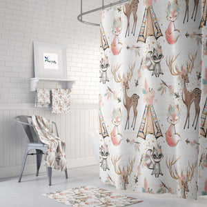 White Woodland Boho Animals Shower Curtain, Bath Mat & Towels Bathroom Decor